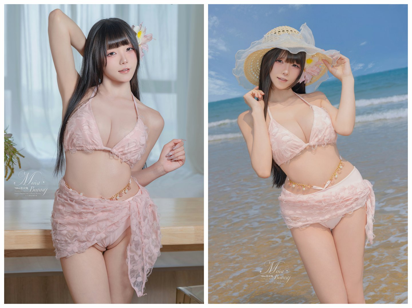 咬一口兔娘假日海滩外景写真 粉红泳衣尽显魔鬼身材，甜美可爱与性感魅力完美融合
